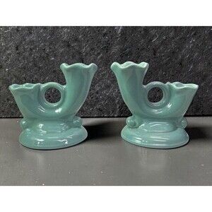 Vintage Abingdon Pottery Double Candle Holders Pair Seafoam Green USA MCM